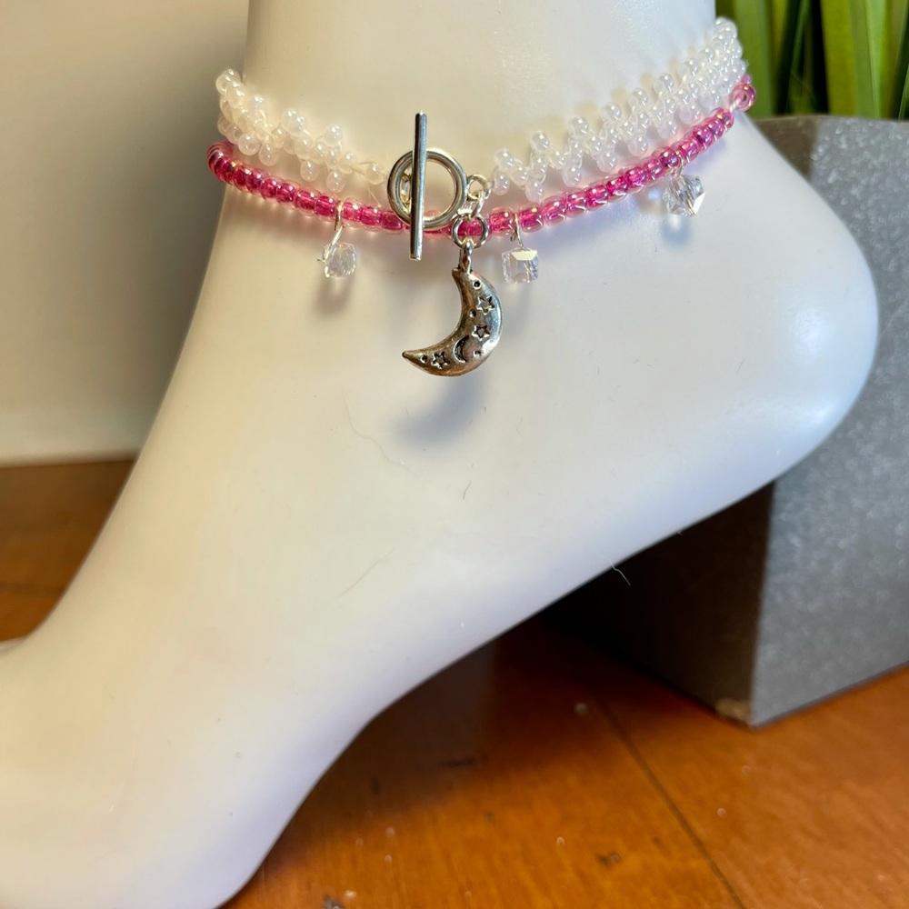 Beaded anklets one pink one white